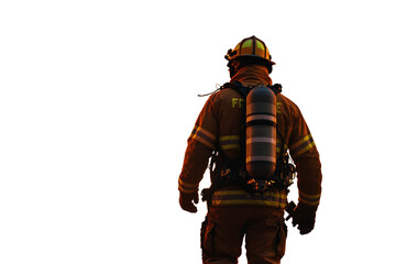 Firefighter in full protective gear with oxygen tank standing isolated on white background. Safety, emergency response, and rescue concept. Ai generative