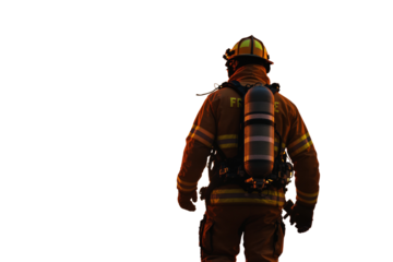 Firefighter in full protective gear with oxygen tank standing isolated on white background. Safety, emergency response, and rescue concept. Ai generative