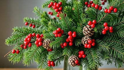 Evergreen branches with holly berries and pinecones in a vase, pinecones, , greenery