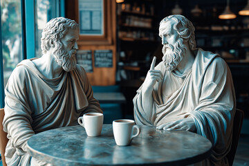 Two white marble statues of Greek philosophers sitting at a caf? table, engaging in deep conversation over coffee. Philosophy, dialogue, intellect, and timeless discussion in a modern context.