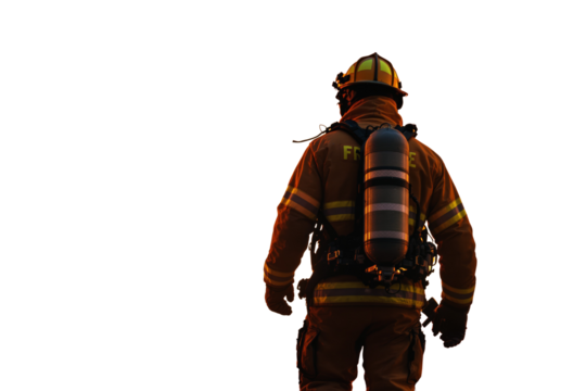 Firefighter in full protective gear with oxygen tank standing isolated on white background. Safety, emergency response, and rescue concept. Ai generative