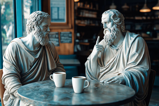 Two white marble statues of Greek philosophers sitting at a caf? table, engaging in deep conversation over coffee. Philosophy, dialogue, intellect, and timeless discussion in a modern context.