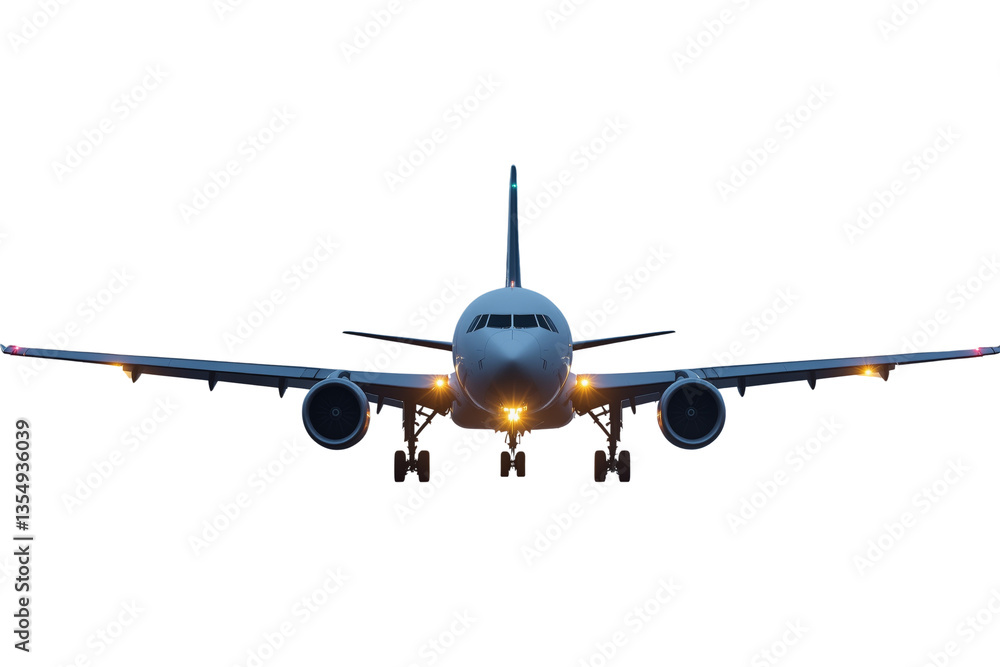 Poster airplane front view with landing gear down and lights on, isolated on white background. perfect for 