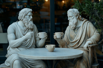 Two white marble statues of Greek philosophers sitting at a caf? table, engaging in deep conversation over coffee. Philosophy, dialogue, intellect, and timeless discussion in a modern context.