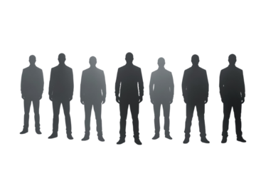 Silhouettes of men in suits standing in a row on a white background, creating a mysterious and professional concept. Ai generative