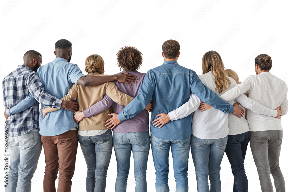 Poster diverse group of people standing close with arms around each other, viewed from the back, on a white