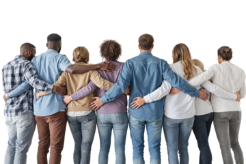 Diverse group of people standing close with arms around each other, viewed from the back, on a white background. Concept of unity and teamwork. Ai generative