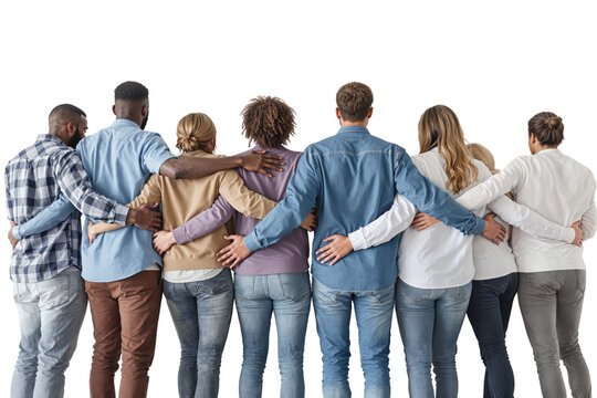 Diverse group of people standing close with arms around each other, viewed from the back, on a white background. Concept of unity and teamwork. Ai generative
