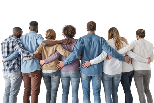 Diverse group of people standing close with arms around each other, viewed from the back, on a white background. Concept of unity and teamwork. Ai generative