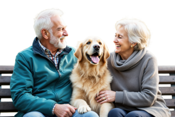 Elderly couple sitting on a bench with a golden retriever, smiling joyfully. Isolated on white background. Concept of companionship and happiness. Ai generative