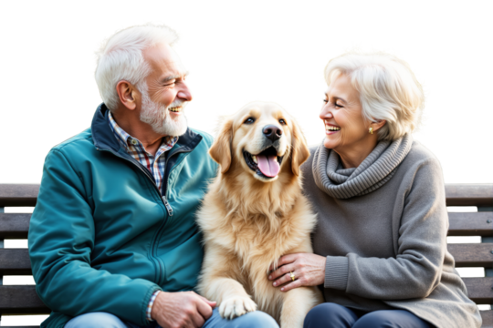 Elderly couple sitting on a bench with a golden retriever, smiling joyfully. Isolated on white background. Concept of companionship and happiness. Ai generative
