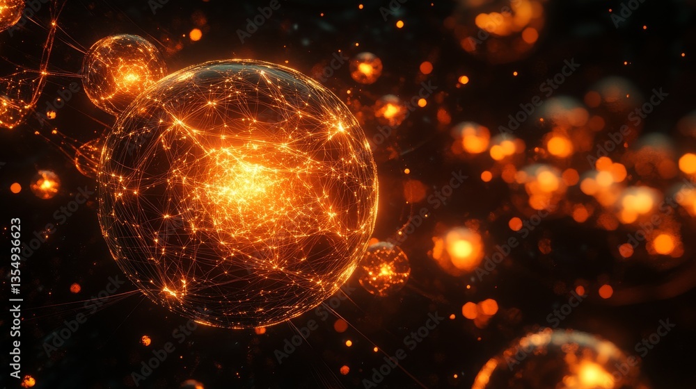 Poster a dazzling sphere made of golden, interconnected lines floating in an abstract space, radiating ligh