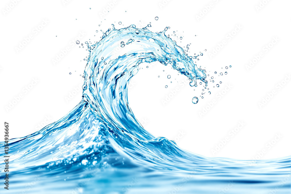 Poster water splash wave with droplets isolated on white background, clean and abstract fluid motion concep