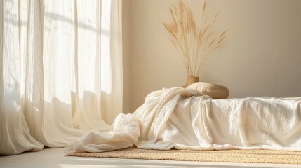 A bedroom scene depicting a bed with soft linens and sunlight