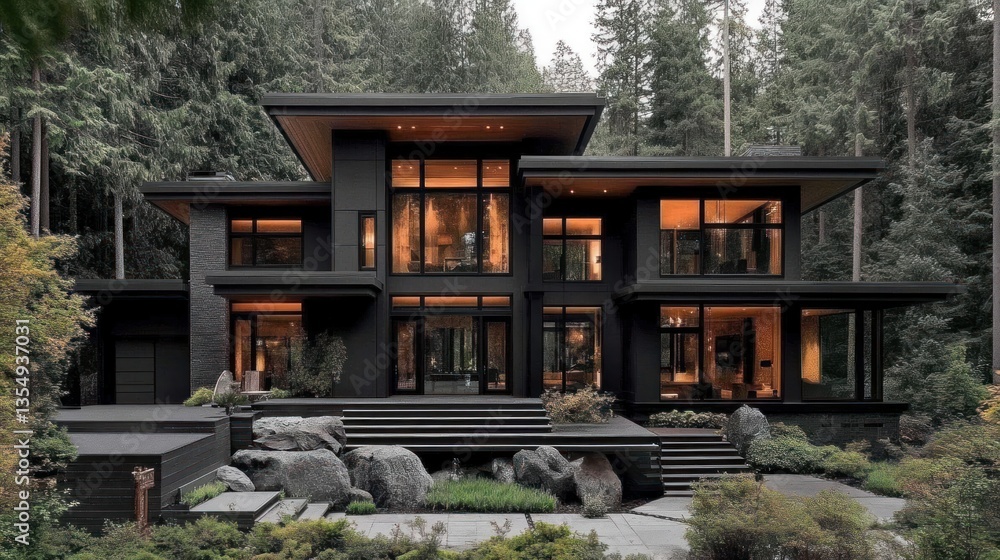 Poster modern architectural home nestled within a dense surrounding forest environment