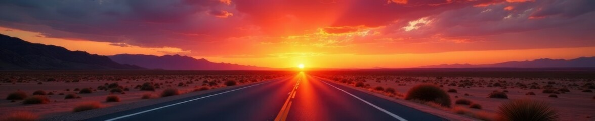 Naklejka premium Desert highway stretches into distance as fiery sunset sky deepens, desert, dusk, sunset