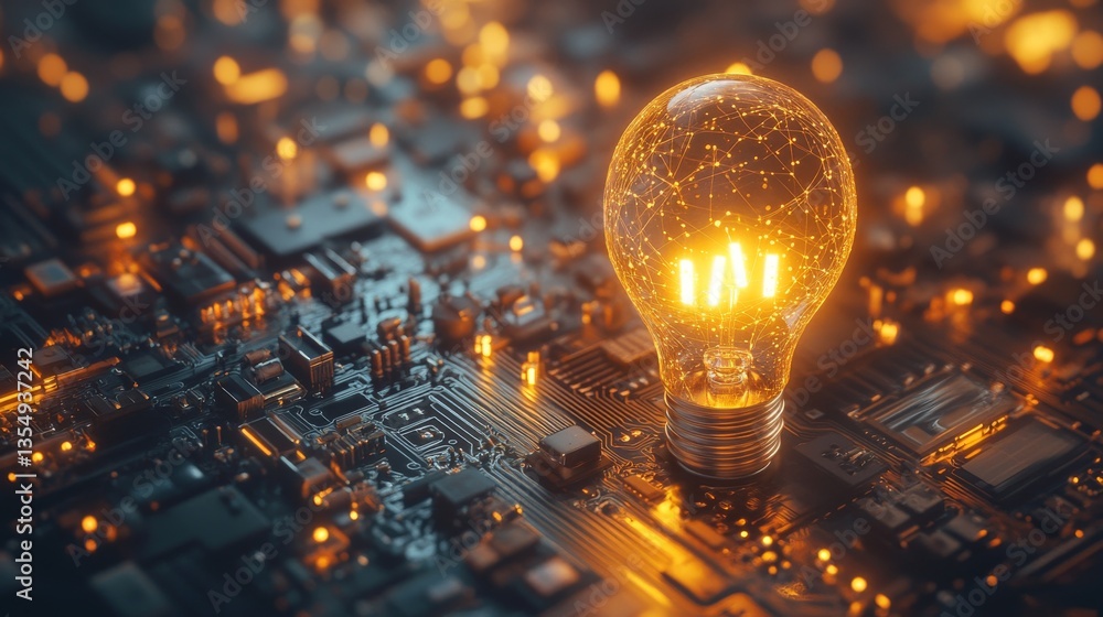 Poster a light bulb glows warmly on a complex circuit board, representing creativity and technological prog