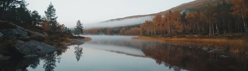 Fototapeta premium A serene lake reflecting trees and misty forested mountains at dawn
