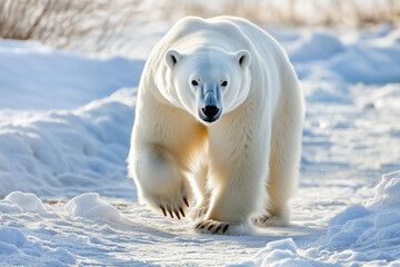 Wild adult polar bear close up detail walking in snow in Arctic Circle area.