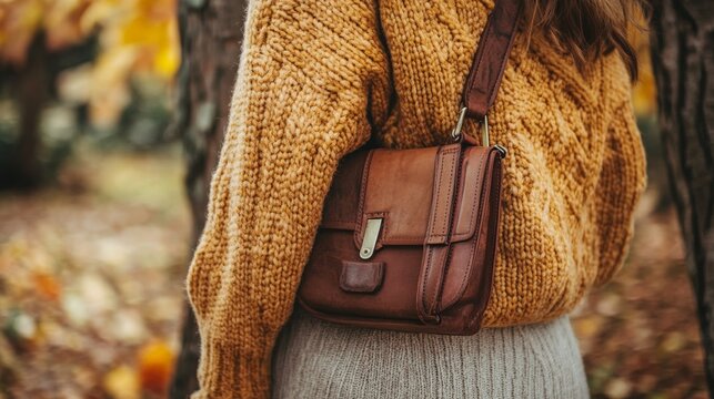 Woman in autumn wearing cozy yellow sweater with brown leather bag - Powered by Adobe