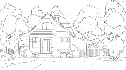 Simple line drawing of a house in a garden setting