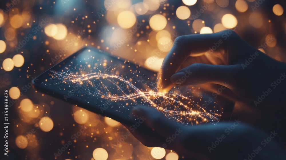 Poster hand interacts with a glowing digital display on a device