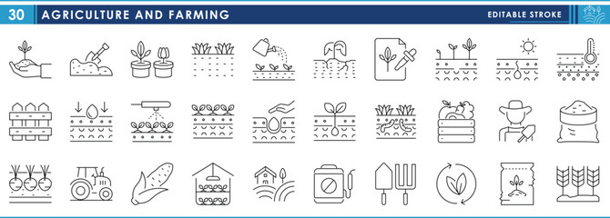 A set of line icons related to Agriculture and Farming. Farm, crops, soil, harvest, tools, farmer, natural, grocery, and so on. Vector editable stroke.