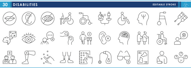 A set of line icons related to Disabilities. Disable, bone, mute, blind, work, peace, artificial leg, lame, elderly, mental, and so on. Vector editable stroke.