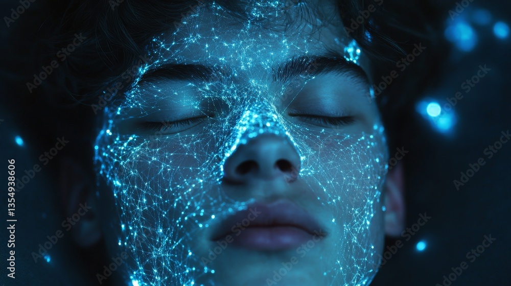 Poster a conceptual illustration of ai with a glowing mesh pattern overlaying a serene face, representing a