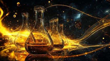 Luminous laboratory beakers emitting golden light with swirling energy trails, set against a dynamic cosmic backdrop, symbolizing futuristic science and alchemy.. AI Generation