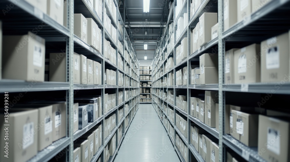Poster rows of cardboard boxes stored inside a large distribution warehouse