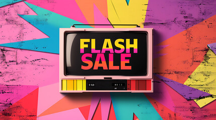 Retro 80s-inspired SALE poster with bold geometric shapes, rainbow gradients, vintage TV screen displaying "FLASH SALE"