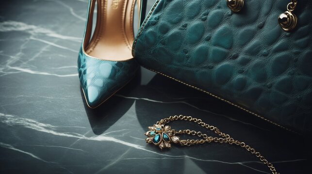 Elegant blue accessories with leather handbag, high heels, and necklace on marble surface