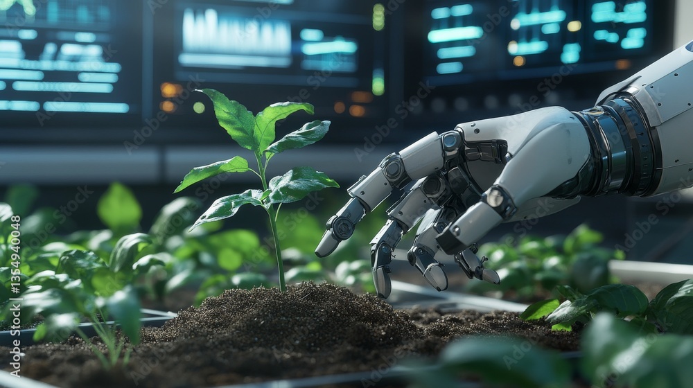 Aufkleber a close-up of a robot hand interacting with a growing plant in a futuristic lab. the background show
