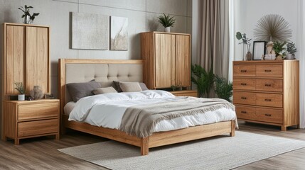 Bedroom interior with wooden furniture and neutral tones