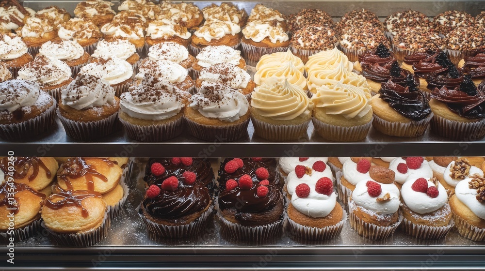 Poster a bakery display filled with rows of cupcakes in assorted flavors, featuring intricate frosting, cho