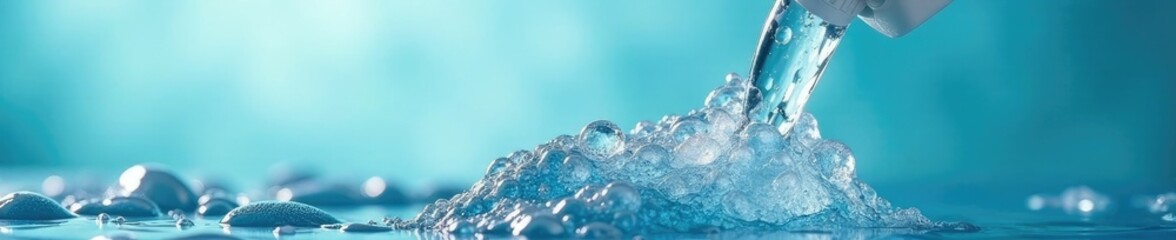 Bubbles overflowing from a nearly full soap bottle for dishes, cleanliness, washing, bubbles