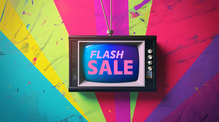Retro 80s-inspired SALE poster with bold geometric shapes, rainbow gradients, vintage TV screen displaying "FLASH SALE"