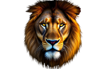 Closeup of a majestic lion's head with a golden mane, isolated on a white background. Intense gaze and detailed fur create a striking design. Ai generative