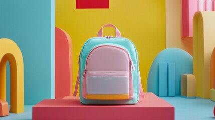 Colorful pastel backpack in vibrant geometric room with arches and shapes