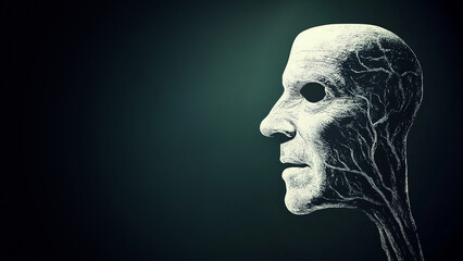 Obraz premium Artistic depiction of a human face in side view, intricately textured to resemble a face mask. Copy space. Symbolize how people present different identities to the world.