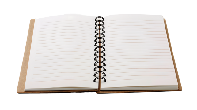 Notebook with spiral binding and blank pages for writing, isolated on a white background