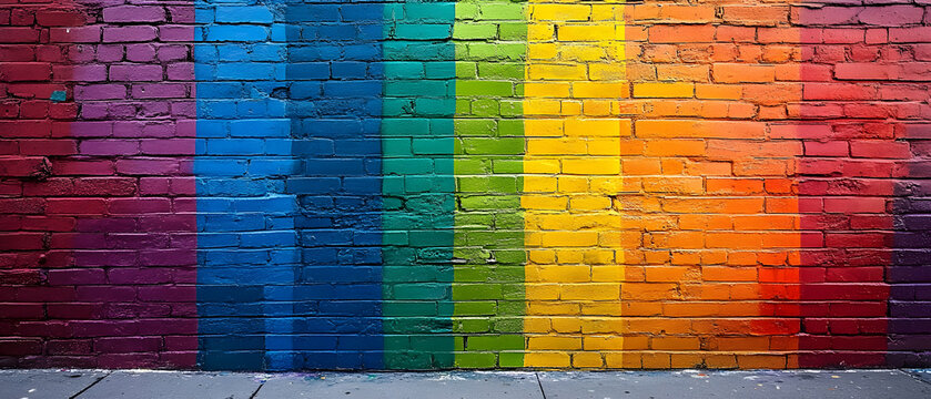 Fototapeta Bold stripes of rainbow colors painted on a brick wall, pride month theme banner