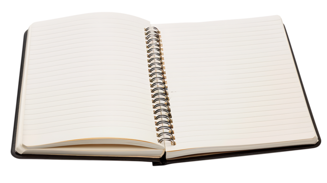 Notebook with spiral binding and blank pages for writing, isolated on a white background