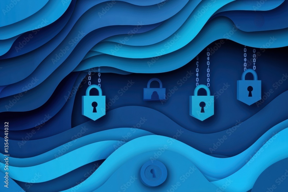 Leinwandbilder cybersecurity theme in layered paper art style featuring locks and encrypted codes with modern blue 