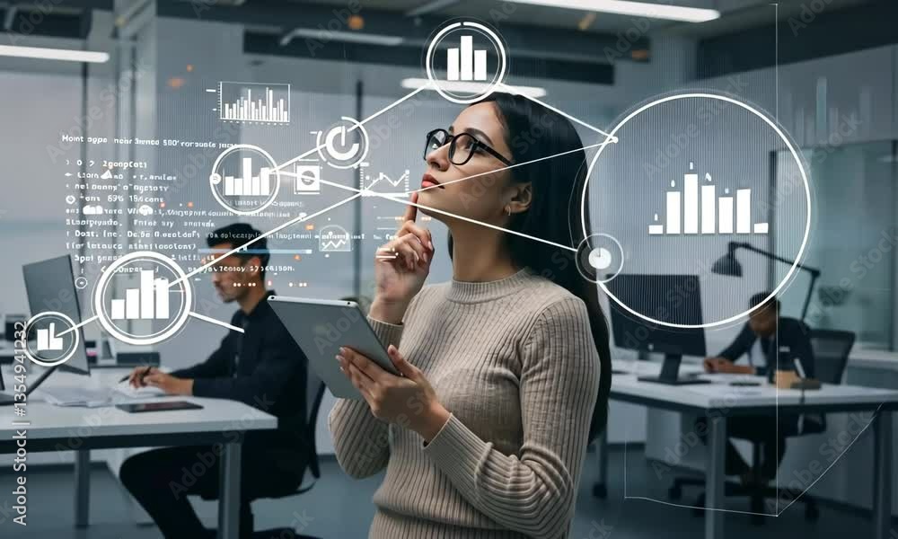 Poster analyzing the data: an image showcasing a woman deep in thought while surrounded by data visualizati