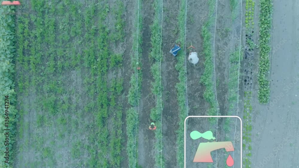 Poster drone monitoring crops with data overlay animation on agricultural field