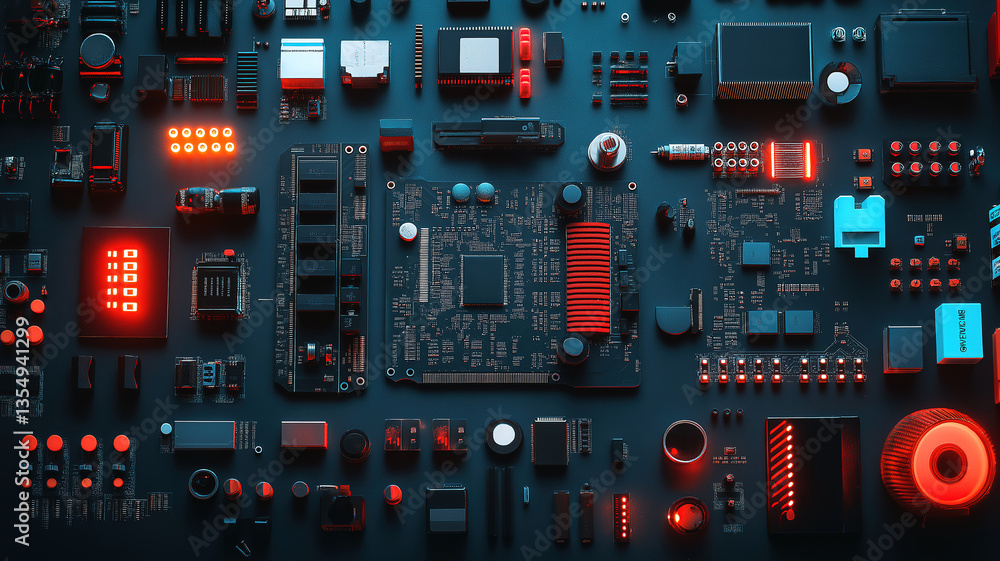 Poster components for electronics development showcasing cables connectors leds and circuits on dark table