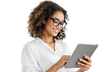 Smiling woman with curly hair and glasses using a tablet, wearing a white shirt, isolated on a white background. Concept of technology and communication. Ai generative