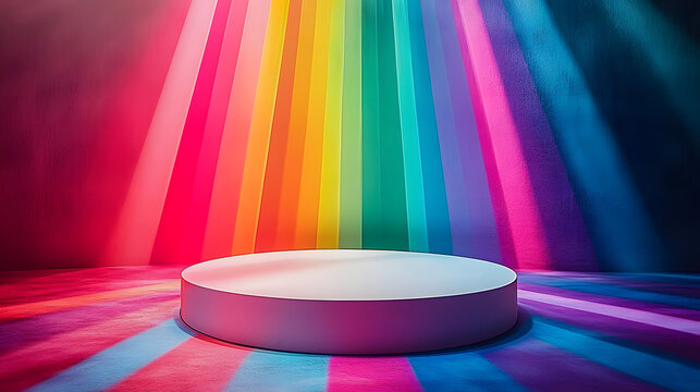 Empty white podium on rainbow flag background with spotlight for product display presentation, pride month theme